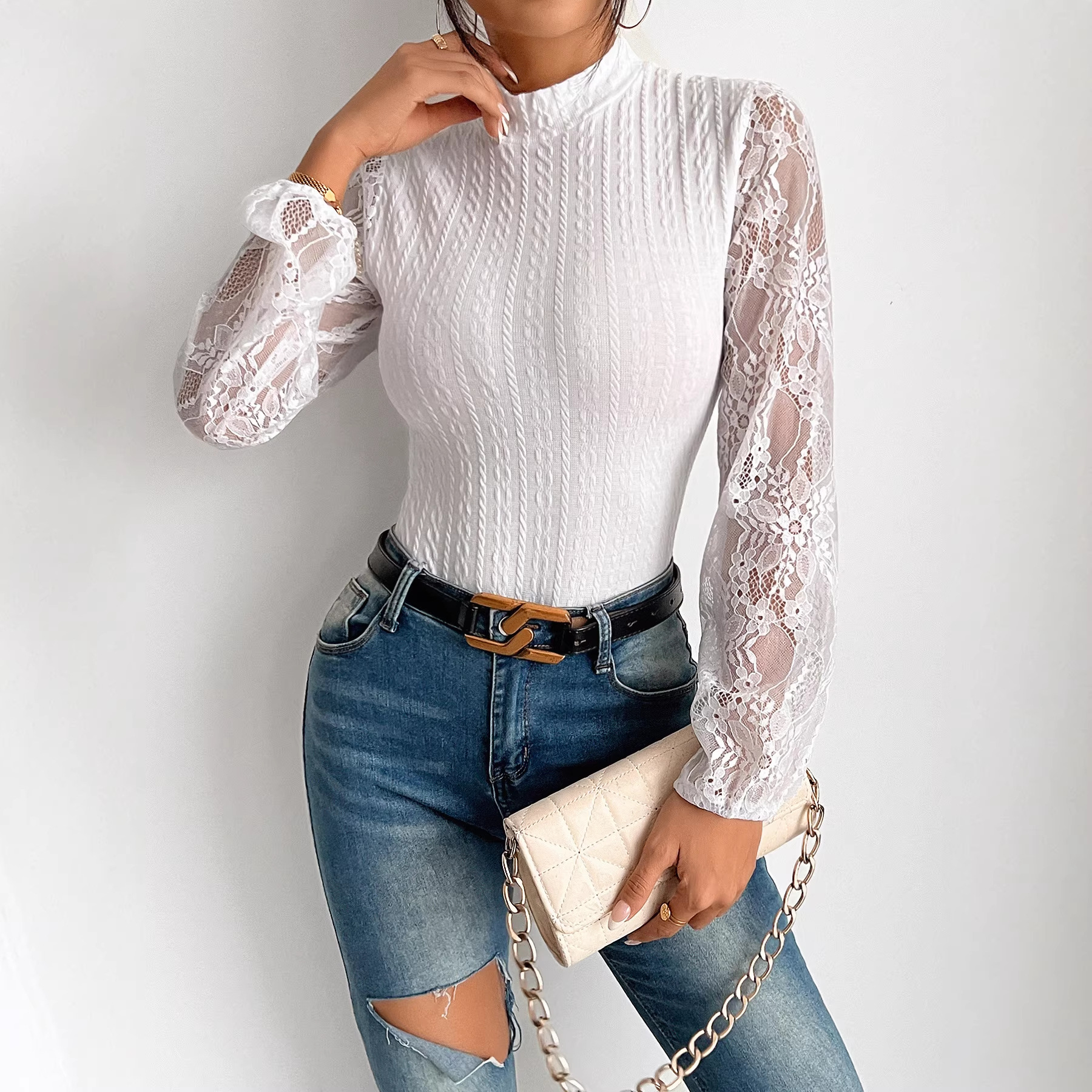 Mono corto de manga larga con encaje para mujer, nuevo modelo de primavera._voghion.com