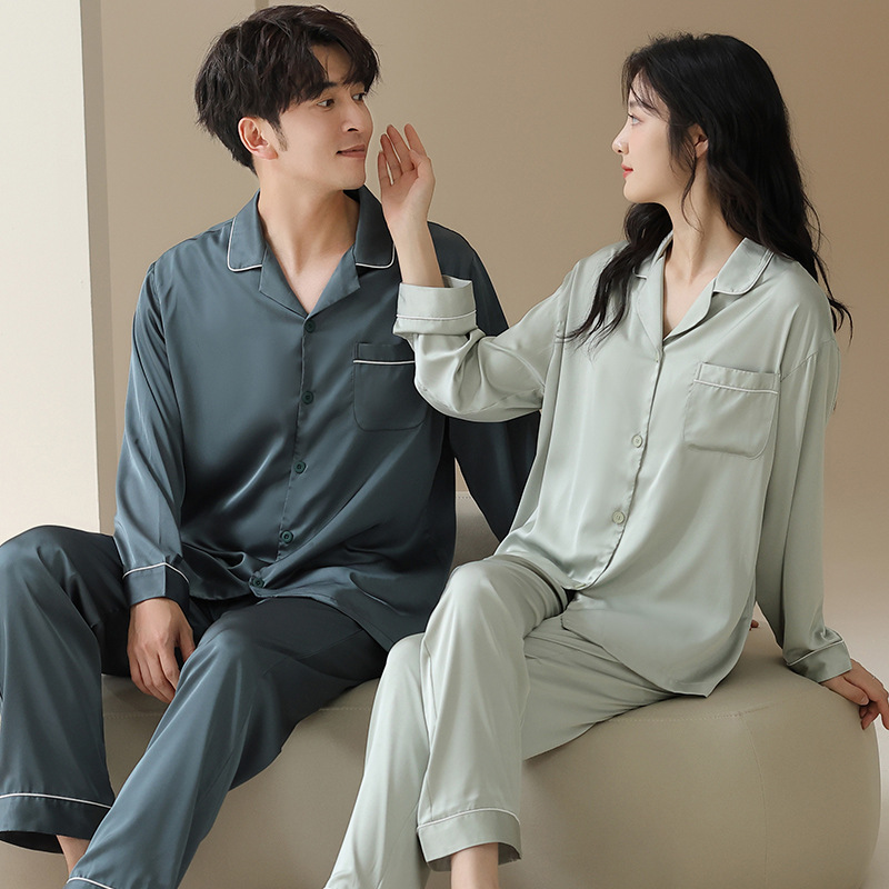 Pijamas de pareja de seda de hielo para mujer 2024 nuevo traje de ropa para el hogar de primavera y verano de hombre de seda de simulación fresca de manga larga de otoño