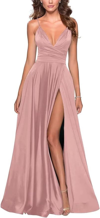 Elegante vestido de fiesta largo con cuello en V dividido, plisado de dama de honor de gasa larga, vestido formal, vestido de noche de satén