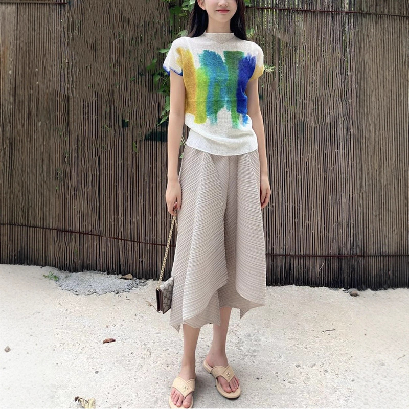 Miyake-Style Irregular Pleated Pants for Women, Summer New High-Waisted Slimming Wide-Leg Pants