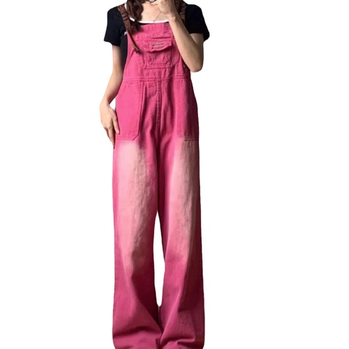 2024 New Retro Fire Dragon Red Denim Overalls Women's Summer Loose One-piece Straight Wide-leg