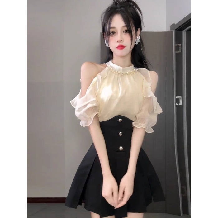 2025夏韓国スーツスカート、高級パールホルターネックオフショルダートップ+ハイウエストスカート2点セット|undefined
