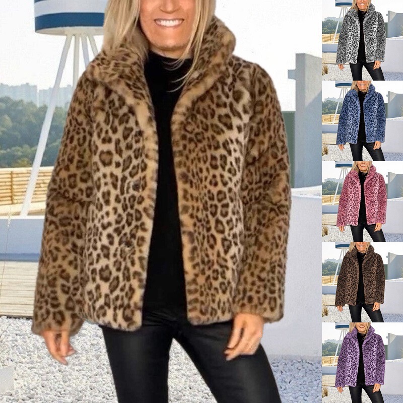 Winter New Foreign Trade Women's Coat, Independent Station European and American Hot-Selling Fashion Leopard Print Lapel Faux Fur Woolen Top