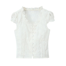 6727-24夏季新款  法式少女复古浪漫花边V领刺绣盘扣收腰上衣衬衫