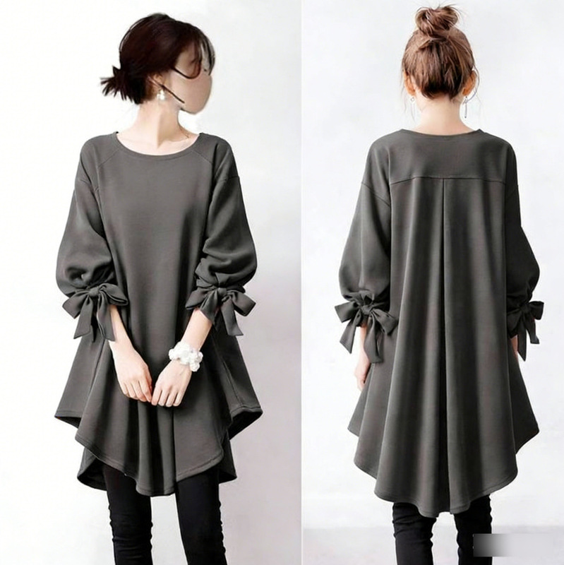 In-Stock Japanese-Style New Model, Tie Cuffs, Round Neck, Loose Casual Mid-Sleeve Dress