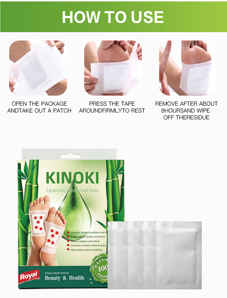 Kinoki Foot Patches with Mugwort and Bamboo Vinegar Gold Foil Foot Care 10 Patches per Box specifications