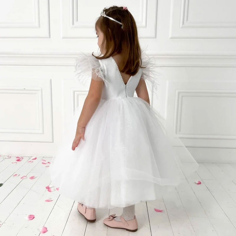 Abito da principessa per bambine Mother & Kids con maniche in tulle effetto piuma, costume da spettacolo, abito formale per bambina, abito da damigella d'onore._voghion.com