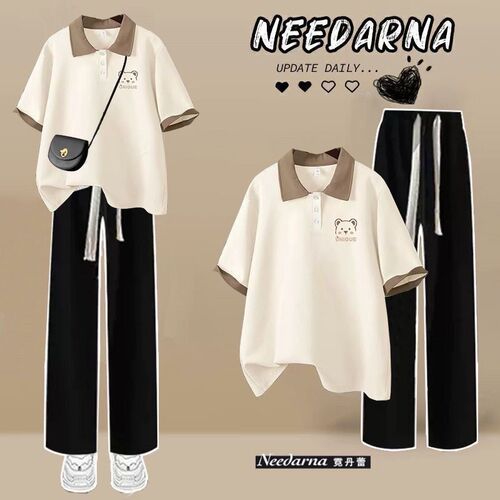 Summer Set Women's Student Korean Style Loose Fit Slimming Polo Neck T-shirt + Jeans College Style Two-Piece Set Trendy