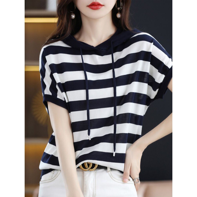 2024 Soft Wool Silk Lyocell Blend Hooded Sweater Women Short Sleeve T-Shirt Top New Fashion