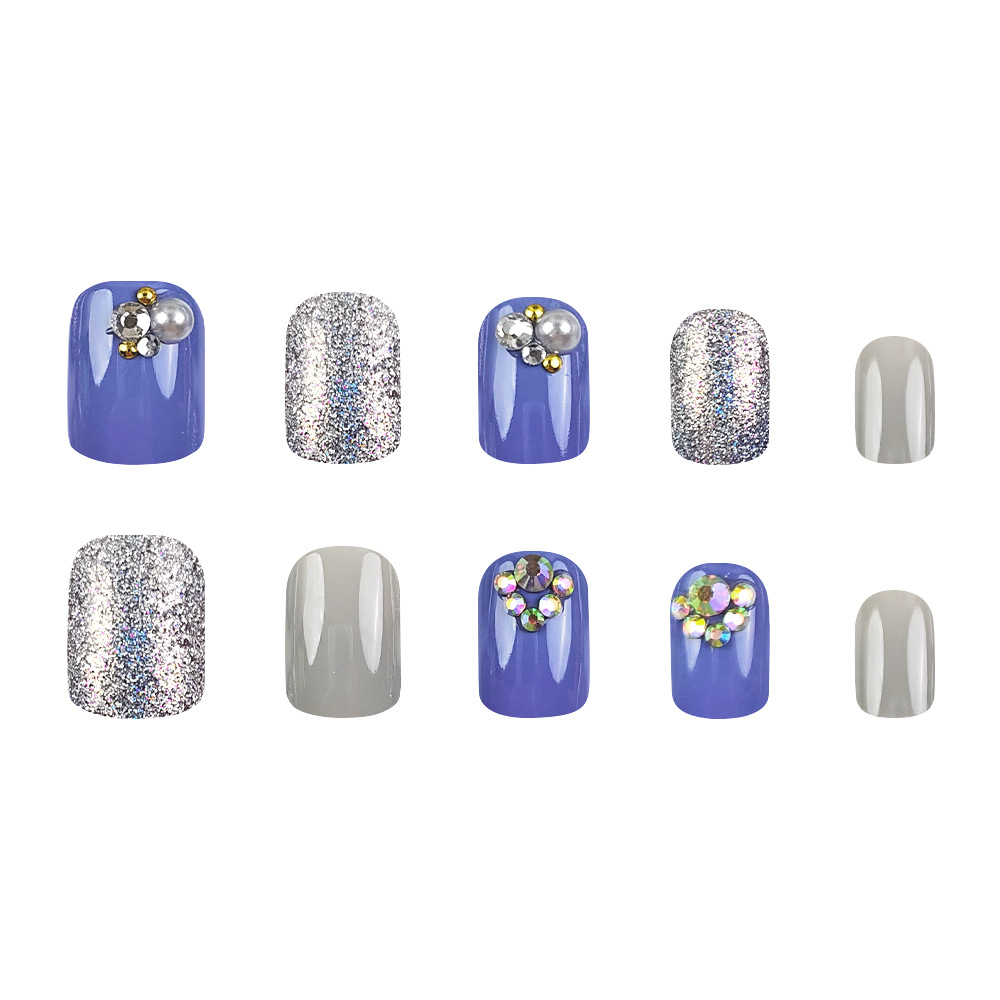 Azul gris plata brillante diamante ligero lujo manicure transfronterizo venta caliente temperamento simple desgaste de uñas 24 piezas de parche de uñas