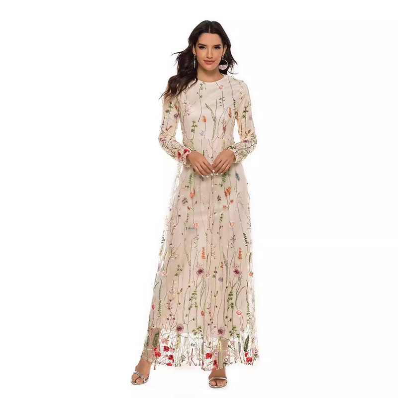 Ins Fashion Embroidered Dress European and American Sweet Floral Lace Long Dress 21002 Fresh Long-Sleeved Large Hem Style