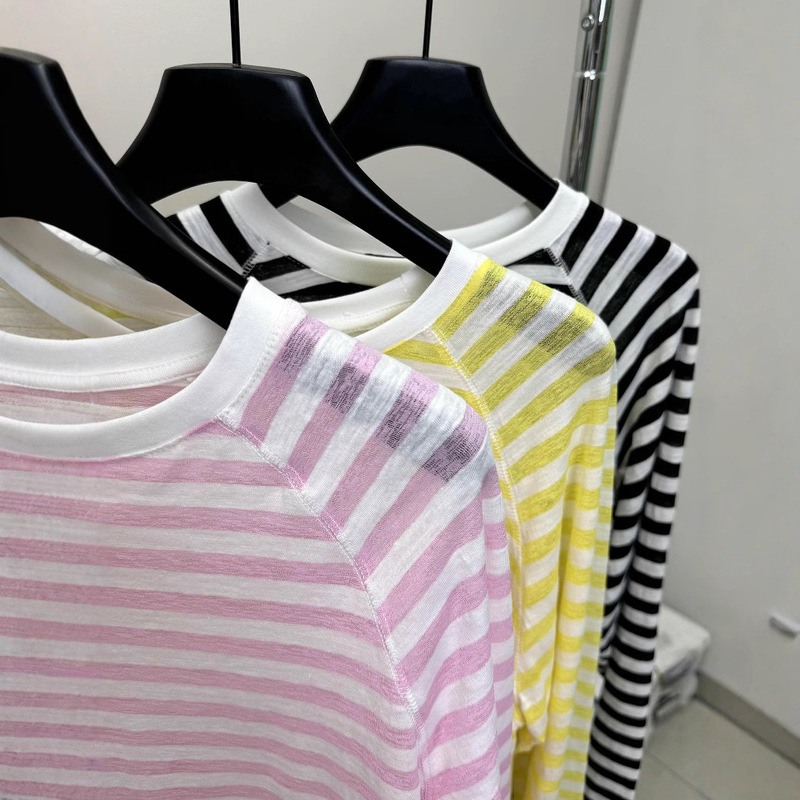 Korean Pink Striped Long-Sleeved T-Shirt for Women, Thin Sun Protection Cover-Up, 2025 New Style Loose Top, Upf50 Sun Protection