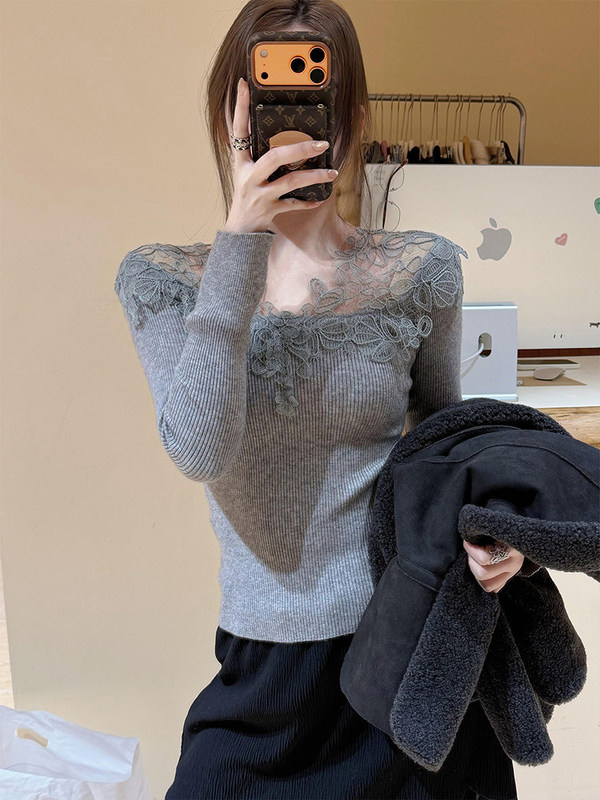 Beautiful Gray Lace Spliced ​​Knitted Bottoming Sweater for Autumn and Winter, Women's New Style High-End Inner Top