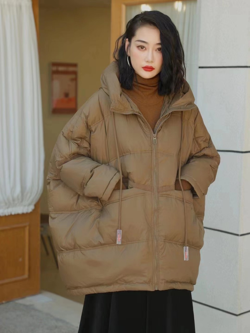 Women's Loose Fit Hooded Down Jacket for Winter - 2022 Autumn/Winter Korean Style Loose A-Line Long Length Outerwear in White