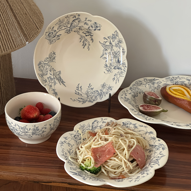French-Style Vintage Blue Dream Home Ceramic Tableware Set High-Value Rice Bowl Soup Bowl Pasta Plate Western Dinner Plate