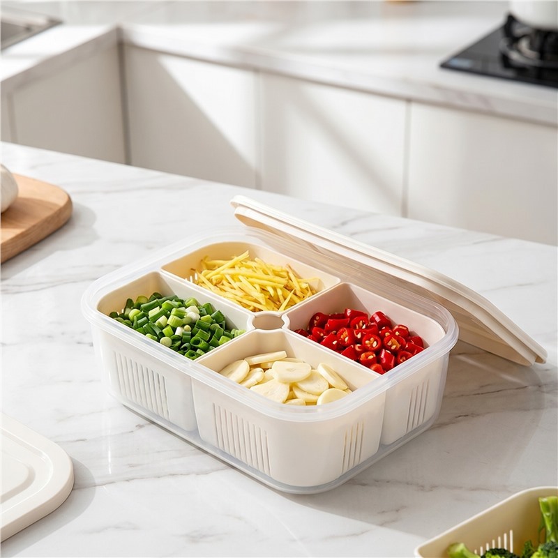 Compartmentalized Plate, Chopped Green Onion Preservation Box, Refrigerator-Specific Frozen Meat Box, Ginger and Garlic Draining Storage Box, Sealed Fruit Container