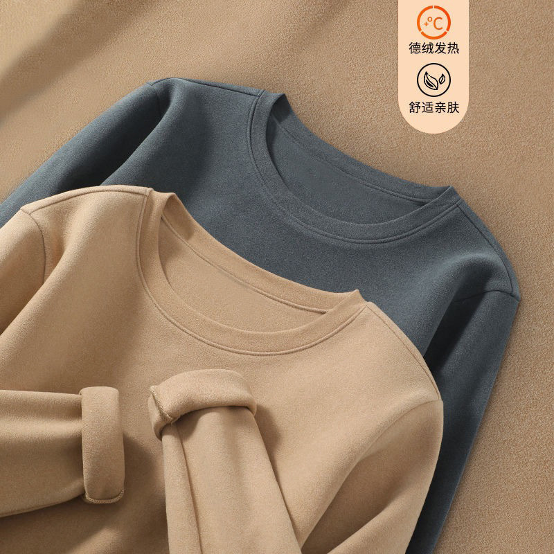 Otoño e invierno pesado más terciopelo de doble cara ropa interior térmica de terciopelo alemán cuello redondo para hombre color sólido con ropa de otoño de todo fósforo camisa de manga larga