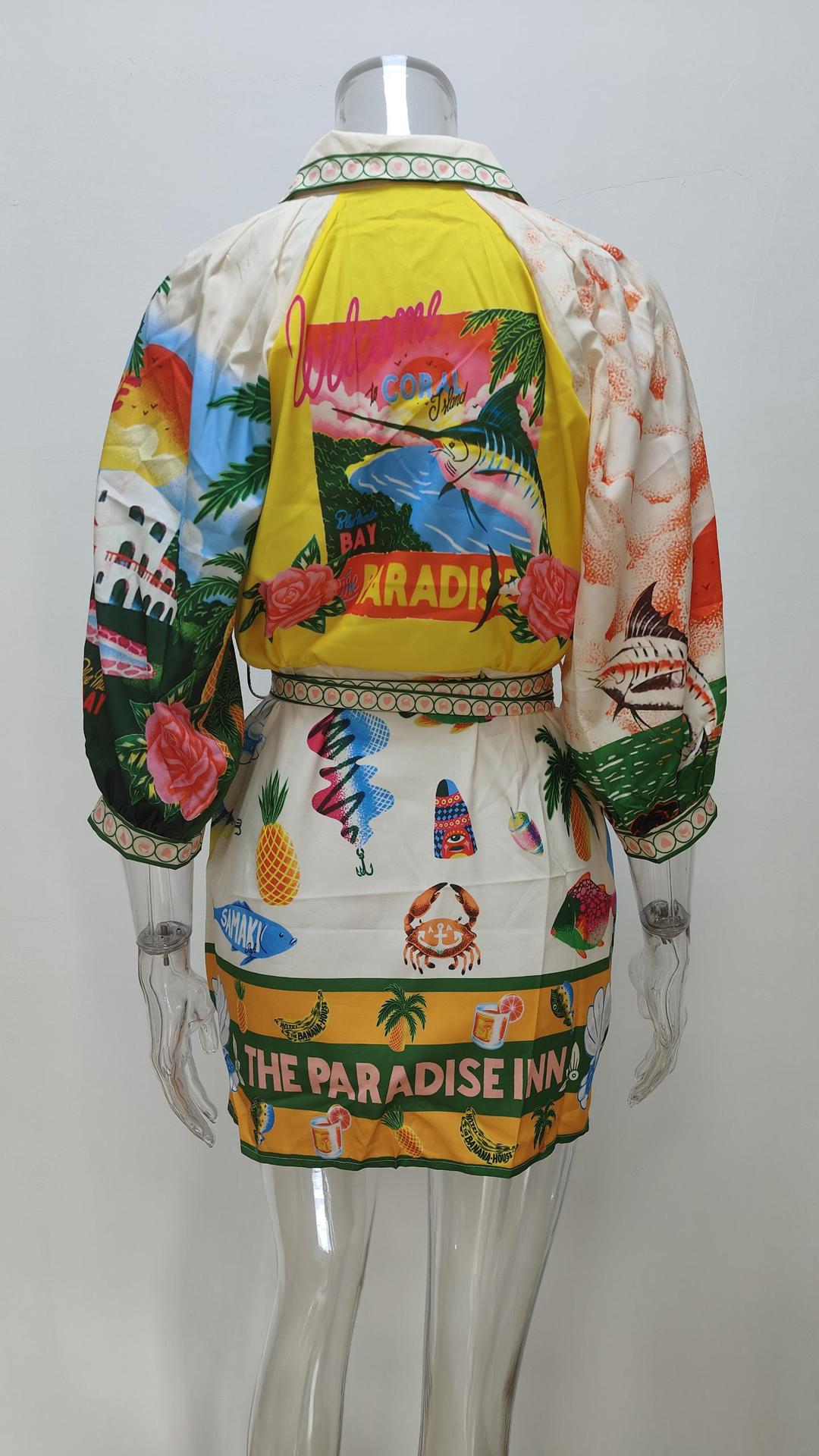 Women Clothing Casual Printing Shirt Cardigan 3/4 Sleeve Office Dress