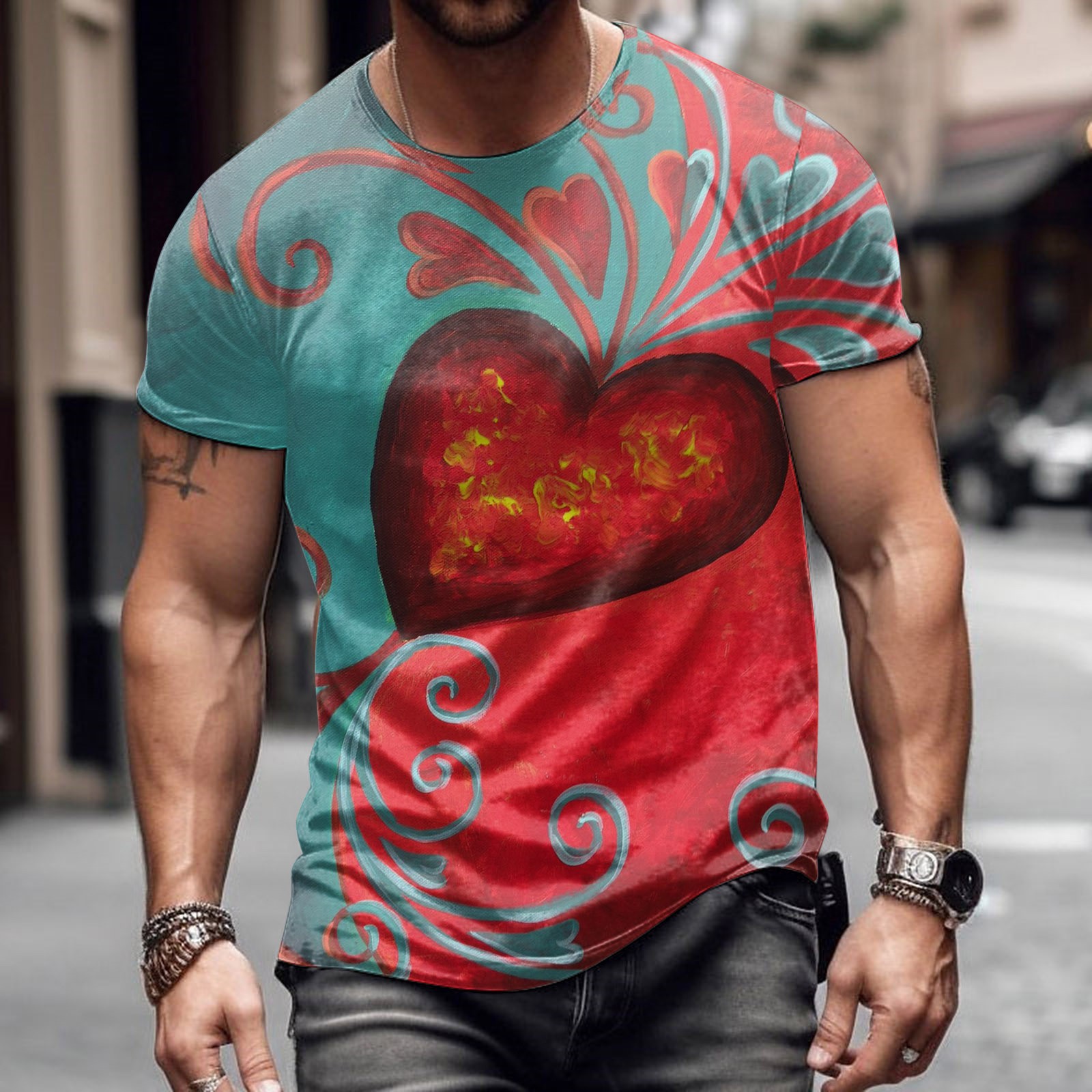 Moda romántica Día de San Valentín colorido amor 3D cepillado lleno de impresión de los hombres calle alta suelta transpirable camiseta de manga corta en stock
