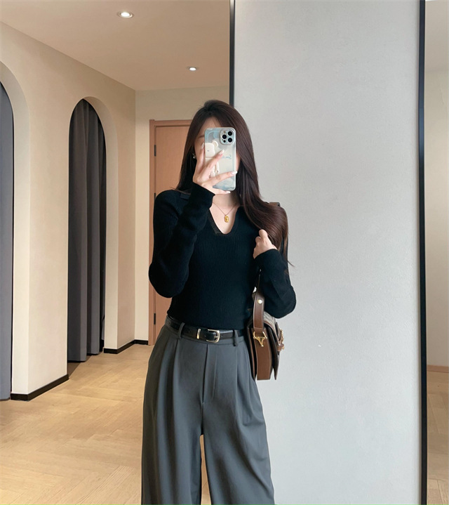 超舒适羊毛混纺翻领针织衫高弹修身显瘦打底衫女2025秋冬602985|undefined