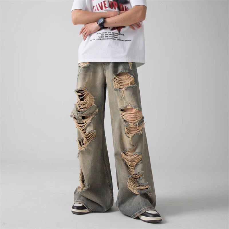 Men's Trendy Wasteland Style Ripped Jeans Loose Straight Wide-Leg High Street American Retro Distressed Pants