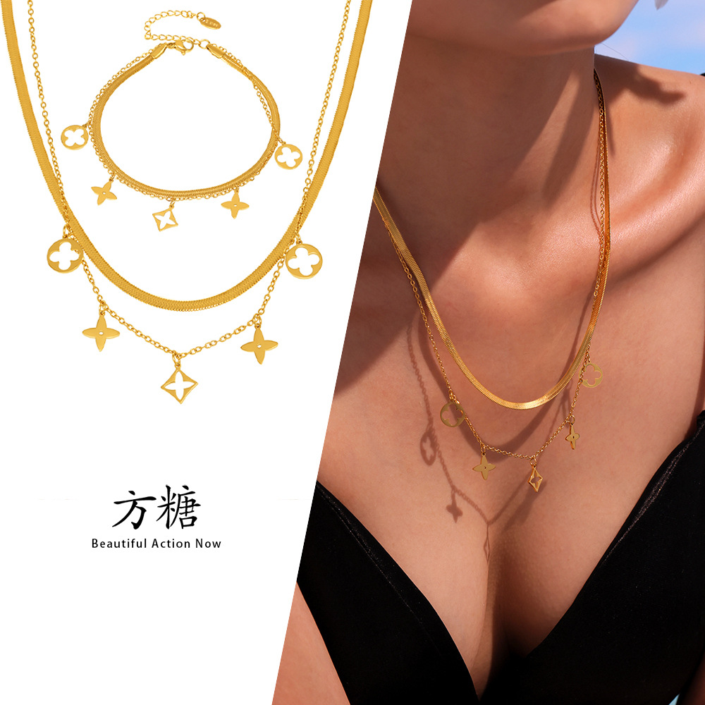 Sugar nuevo colgante de trébol de cuatro hojas de flores huecas de doble cara, doble capa, cadena de clavícula, pulsera, tobillera, juego de joyas