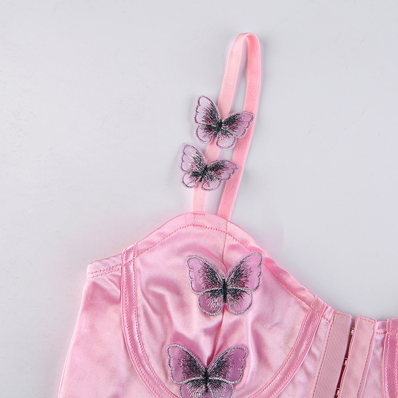 sexy pink hook buckle butterfly chapter satin camisole NSSSN119378