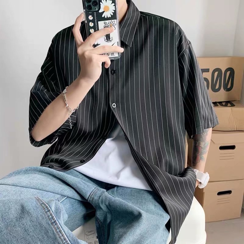 Hong Kong Style Japanese Style Fashionable Brand Loose Striped Shirt Boys Lapel Short-sleeved Casual Retro Shirt Half-sleeved Jacket for Summer