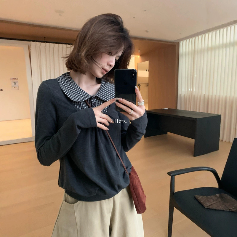 Hers sweet Korean-style simple college-style versatile fake two-piece patchwork doll collar long-sleeve T-shirt 66977