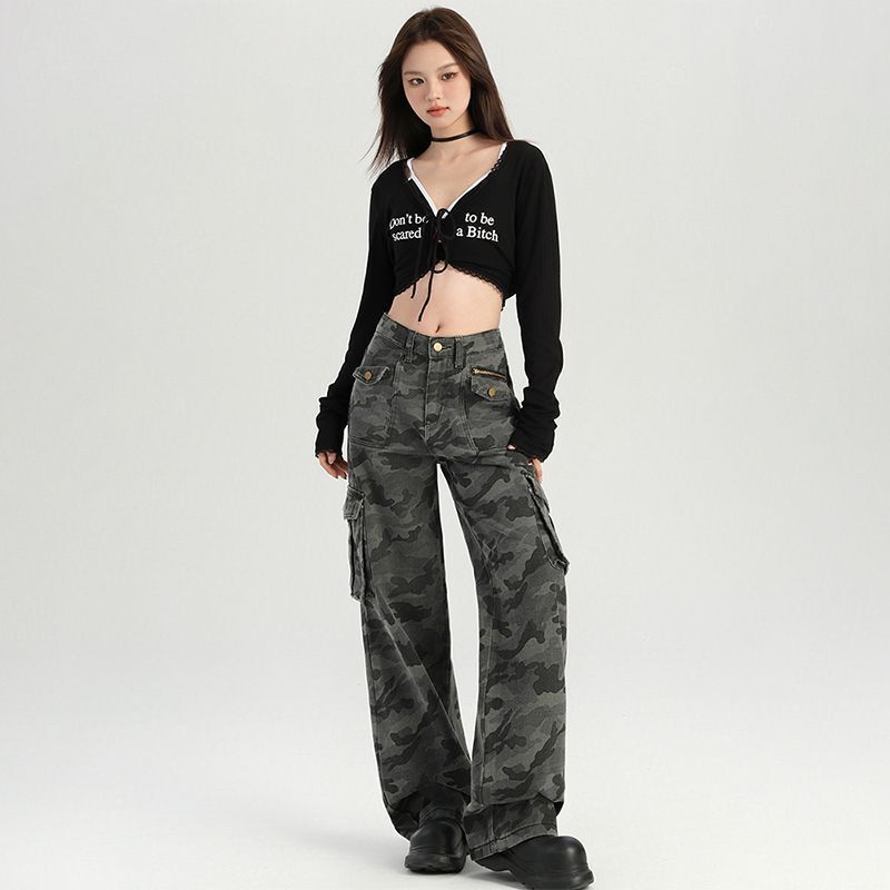 American-Style Cargo Pants for Women, Camouflage Pants, Trendy High Street Slim-Fit Jeans, Washed Gray Street Dance Pants, Winter Camouflage Women's Style American-Style Cargo Pants for Women, Camouflage Pants, Trendy High Street Slim-Fit Jeans, Washed Gray Street Dance Pants, Winter Camouflage Women's Style