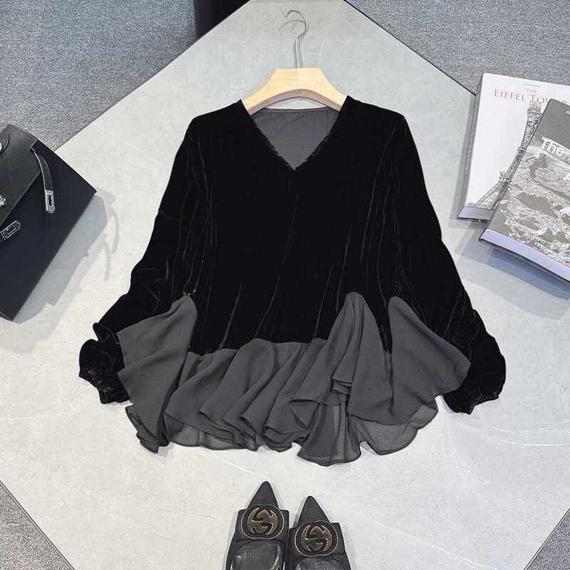 chubby girl extra large size 150.00kg fashion spring and autumn new fashion western style ruffled long sleeve T-shirt shirt shirt top women's clothing chubby girl extra large size 150.00kg fashion spring and autumn new fashion western style ruffled long sleeve T-shirt shirt shirt top women's clothing