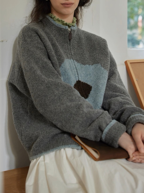 DigWill复古撞色花朵拉链羊毛针织开衫女秋冬慵懒风软糯毛衣外套|undefined
