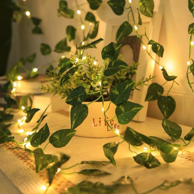 Amazon Artificial Pothos Vine Led Light String Green Turtle Leaf Copper Wire Light Solar Watermelon Leaf Light String