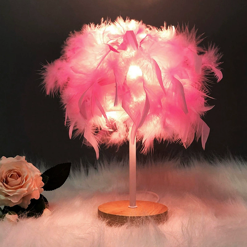 Table Lamp Feather Bedside Lantern, USB Rechargeable 1500 mAh, Touch Dimming, Wood Base