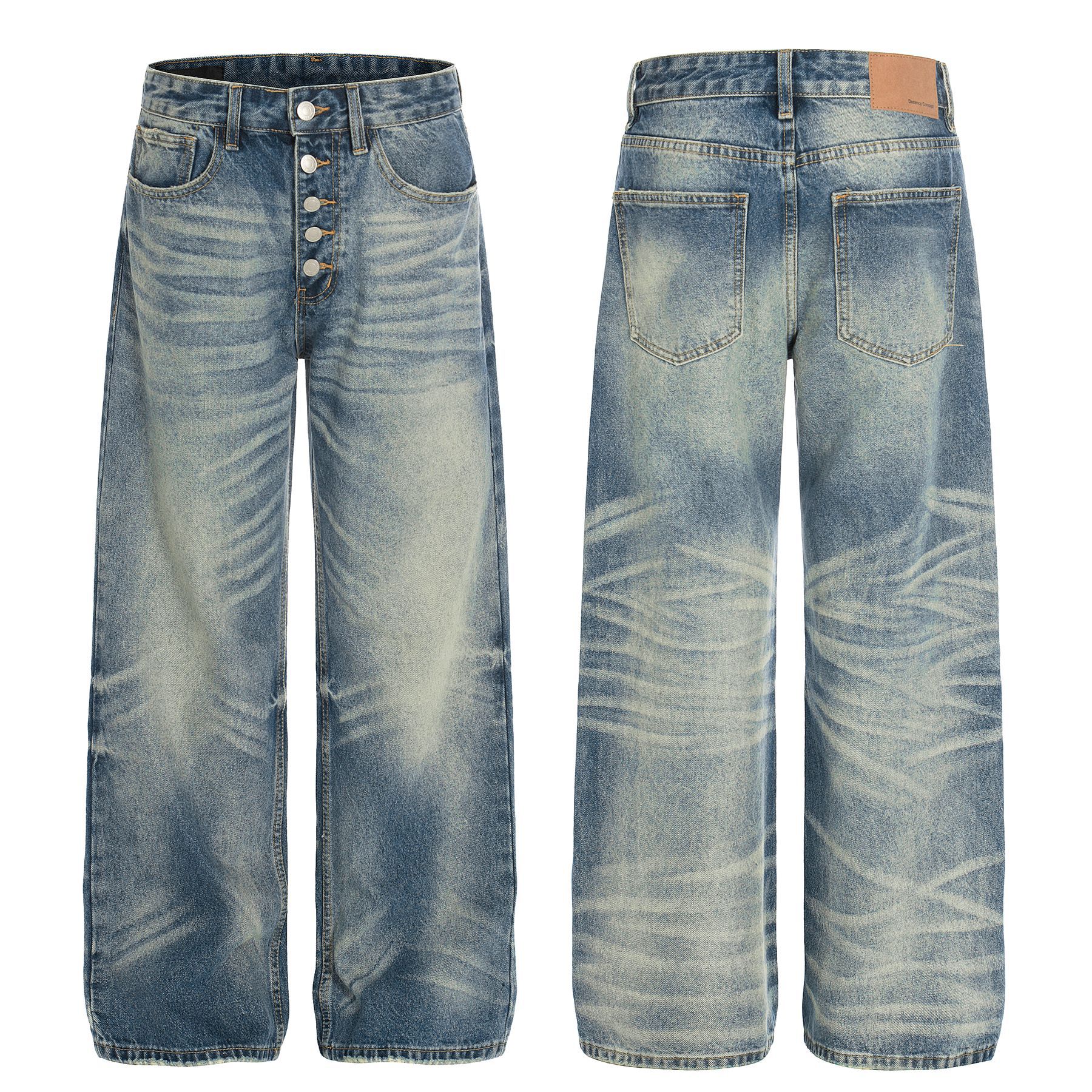 Unisex High Quality Denim Jeans High Street Retro Style Whiskered Texture Design Loose Straight Leg For Men_mkmklike.com