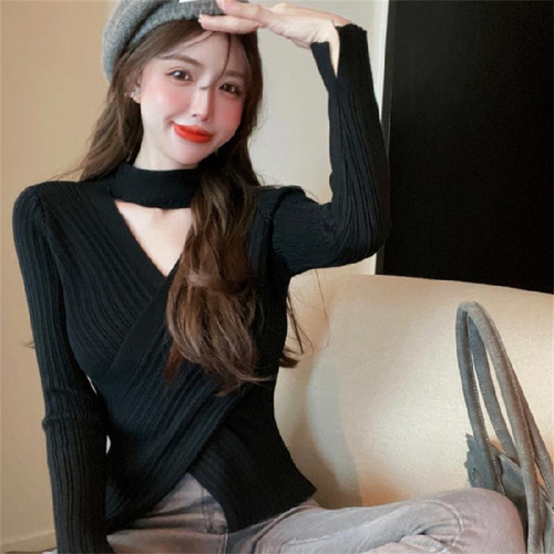 Stylish Cross-Neck Sweater for Women, Designed for Autumn/Winter, Sexy and Unique Top, Fashionable Long-Sleeve Knitwear