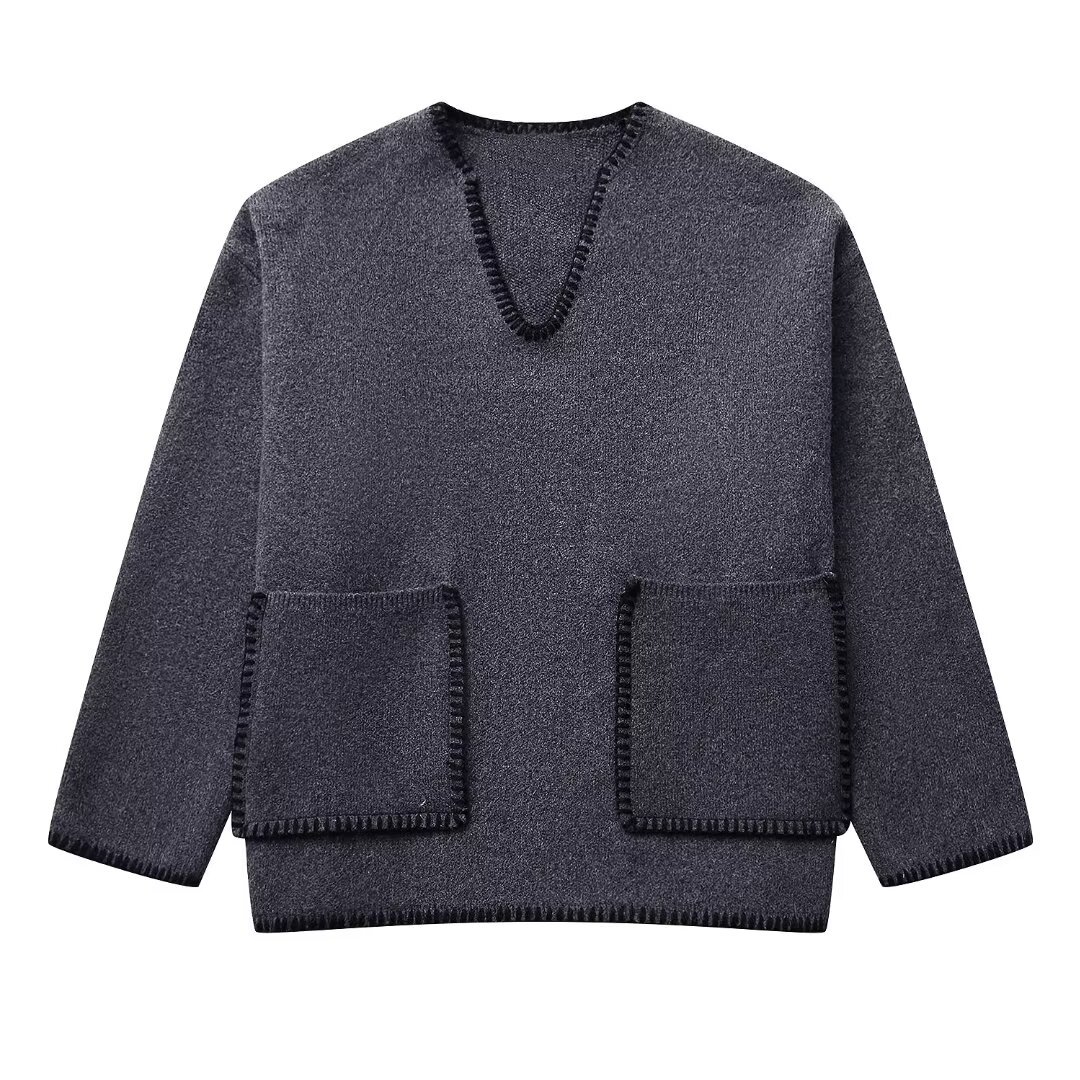 Pull en tricot décontracté à coutures contrastées pour femmes, nouvelle collection automne_voghion.com