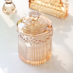 批發歐式浮雕水晶玻璃棉簽盒首飾品收納盒防塵帶蓋 高顏值糖果罐