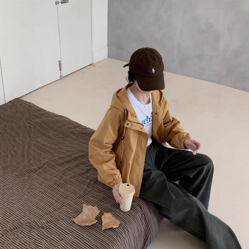 插肩袖口袋拼缝连帽外套女春秋季新款宽松百搭款韩系短款外套|undefined