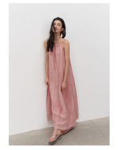 多巴胺女孩炒色亚麻吊带连衣裙显瘦大摆裙褶皱无袖削肩长裙A0707