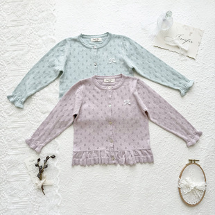 Korean Style Small and Medium-Sized Children's Bow Air-Conditioned Shirt Shawl Summer Thin Kidsren's Sweater Jacket Girls Cut Out Knitted Cardigan
