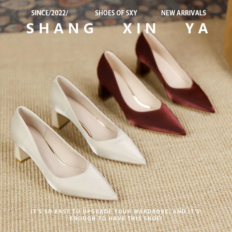 Французские минималистичные туфли на высоком каблуке, женские новые универсальные однослойные туфли с острым носком и не уставшей квадратным каблуком и мелким ртом 2023 года