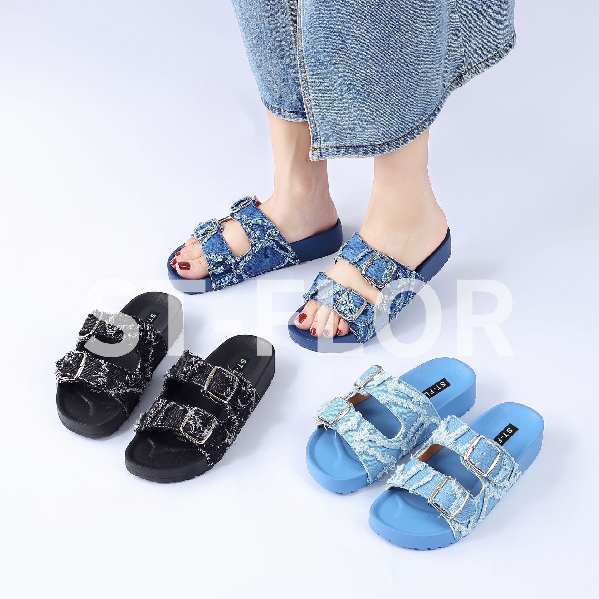 2024欧美外贸牛仔布双扣时尚休闲平底防滑凉拖鞋女外穿 slippers