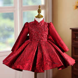 新中式儿童礼服红色公主裙主持人蓬蓬裙钢琴演出服女童礼服裙长袖