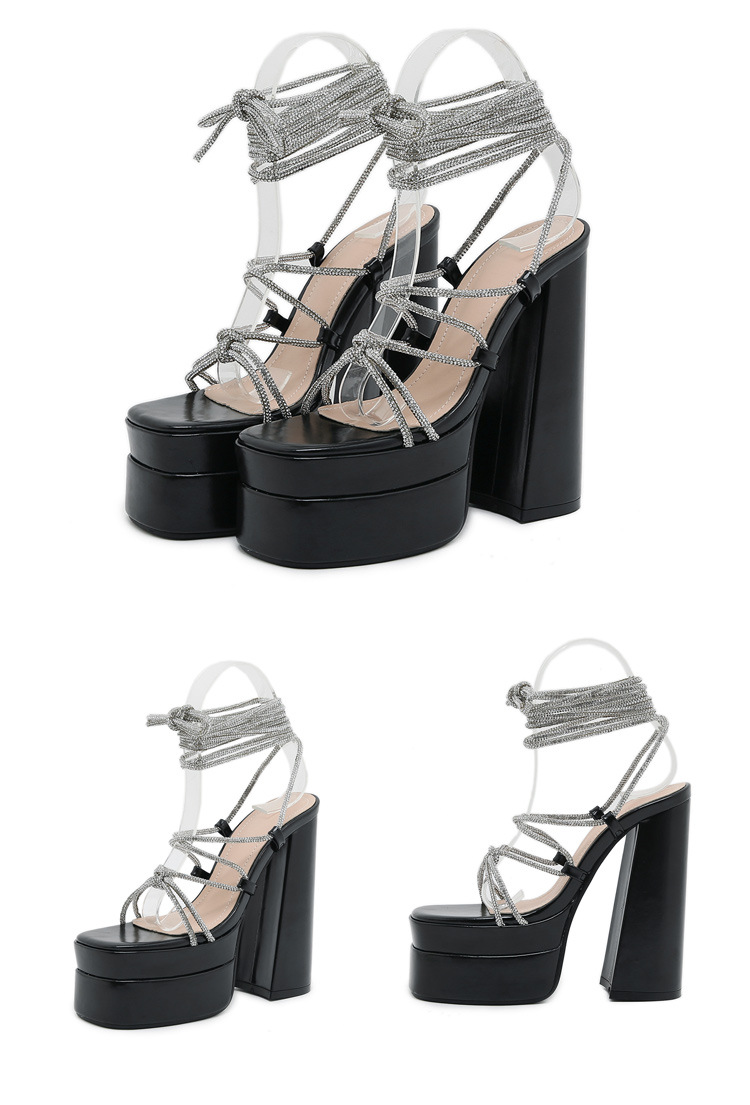 Dép sandal cao gót La Mã đính đá Rhinestone, quai dây buộc cỡ lớn — Màu đen chi tiết 23