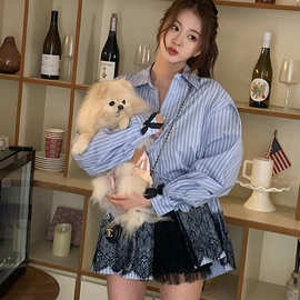 韩国chic蕾丝拼接条纹衬衫女春新款小众设计感蝴蝶结点缀长袖上衣