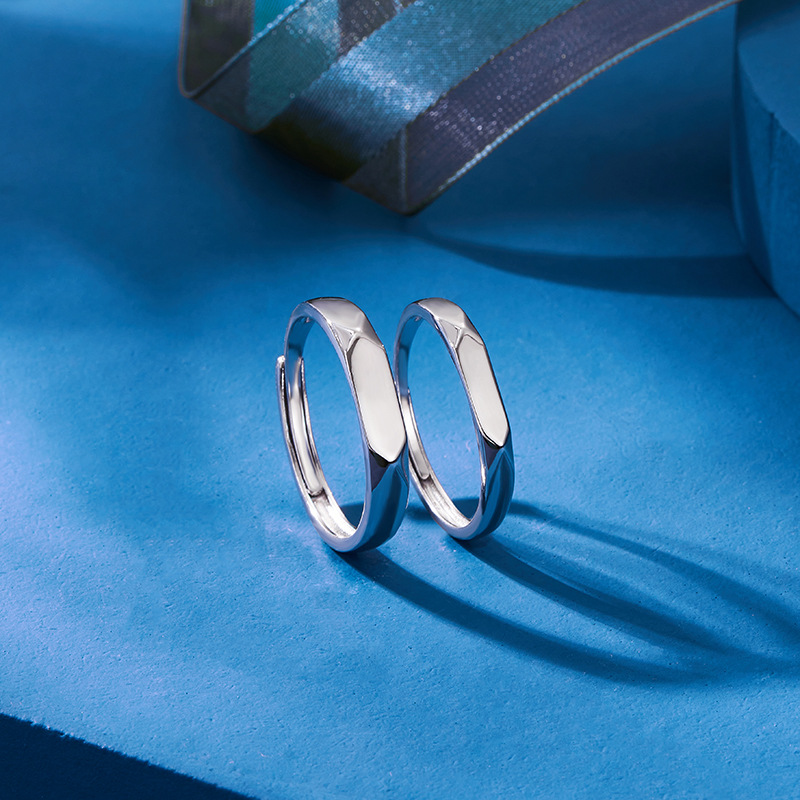 Anillo de pareja S925 par de plata esterlina par de letras de apertura geométrica de plata Lisa anillo de pareja de hombres y mujeres anillo de bodas diseño de nicho