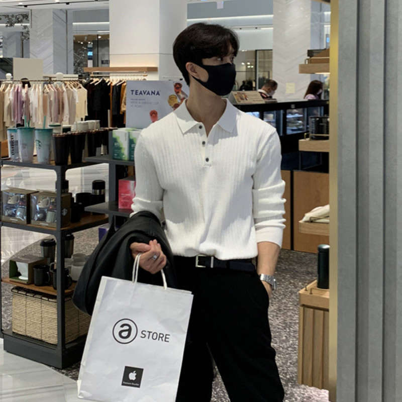 軽熟風ニットpoloシャツ男性フレンチデザイン感襟折りセーターcity boy洋服の中に長袖の服を着ます。|undefined