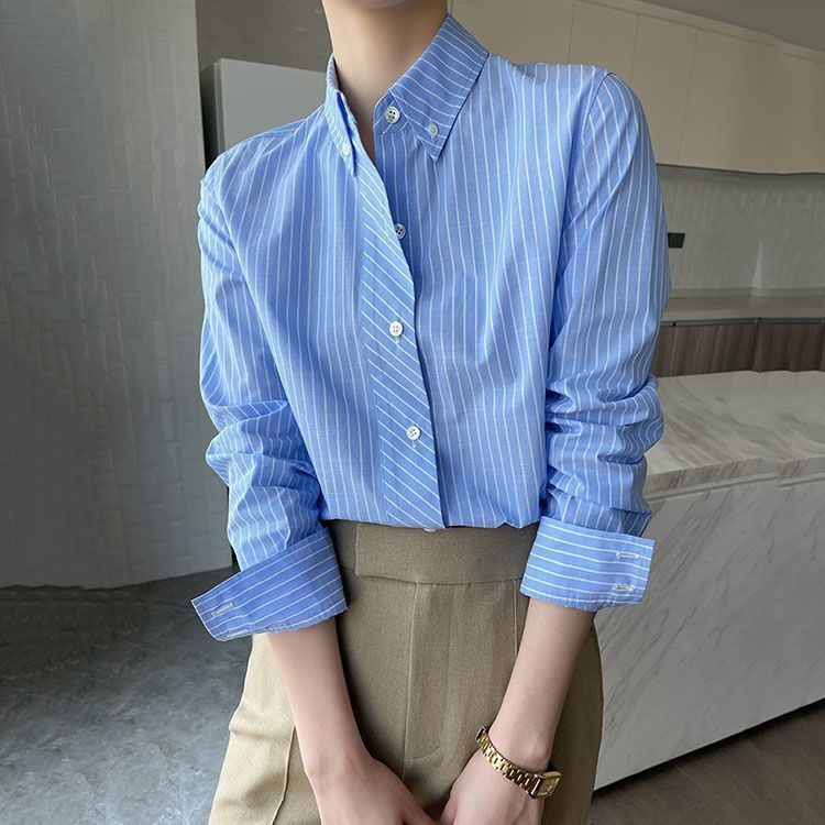 Blue Striped Shirt Women's Long-Sleeved 2025 Spring and Autum New French Retro Style Shirt High-End Accessible Luxury Hong Kong Style