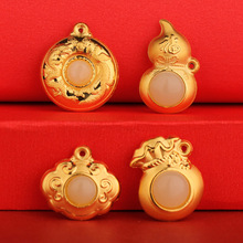 足金999镶嵌和田玉双面金福袋长命锁葫芦平安扣吊坠 直播会销礼品